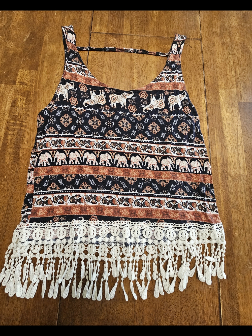 Rue21 Elephant Print Crochet Fringe Boho Tank